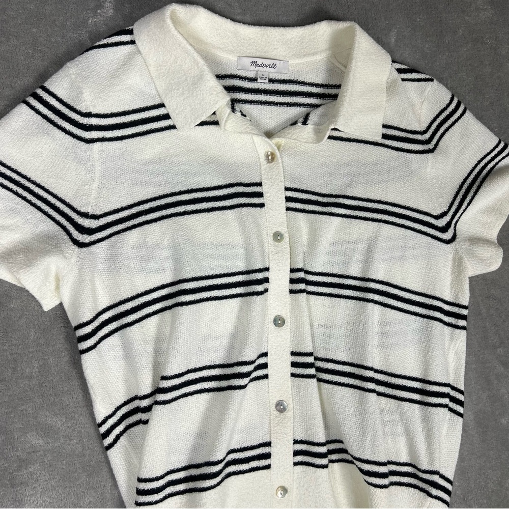 Madewell Top Womens Large Stripe Knit Short Sleeve Button Up Polo Sporty Prep - Picture 5 of 8